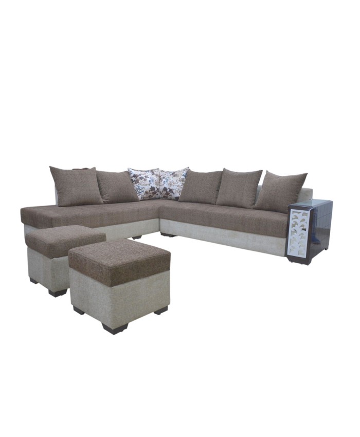 Combination Of Two Colour L-Shaped Sofa Set With Cushions And Pouffes