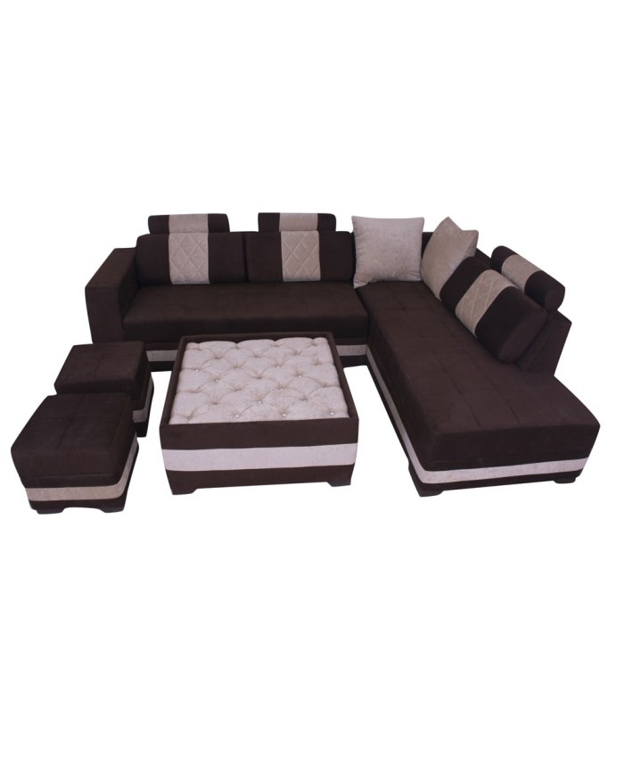 Brown Coloured L-Shape Sofa Set With Pouffes And Coffee Table